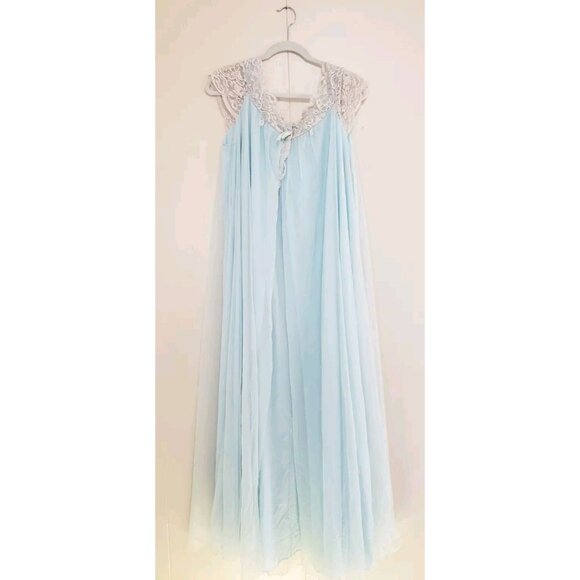 Vtg 60s Alice Maloof Women L Open Front Bed Jacket Flowy Blue Sheer Lacy Pegnoir - Picture 2 of 8